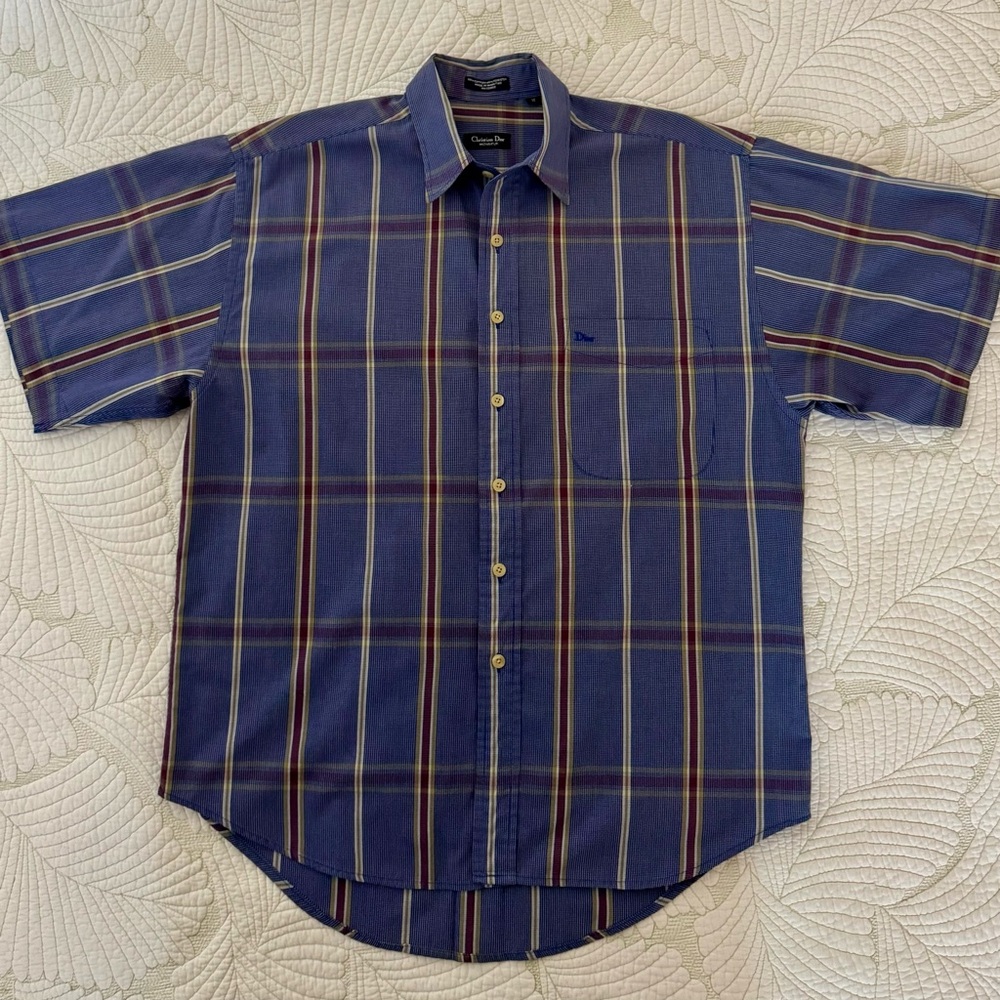 Vintage Dior Men's Navy and Red Striped Button Down Shirt- Size M